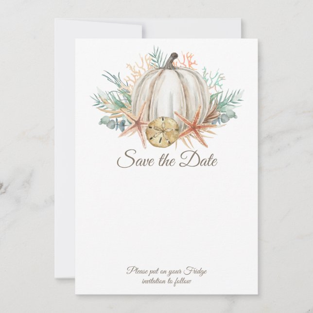 Coastal Fall Pumpkin & Seashells Save the Date Einladung (Vorderseite)