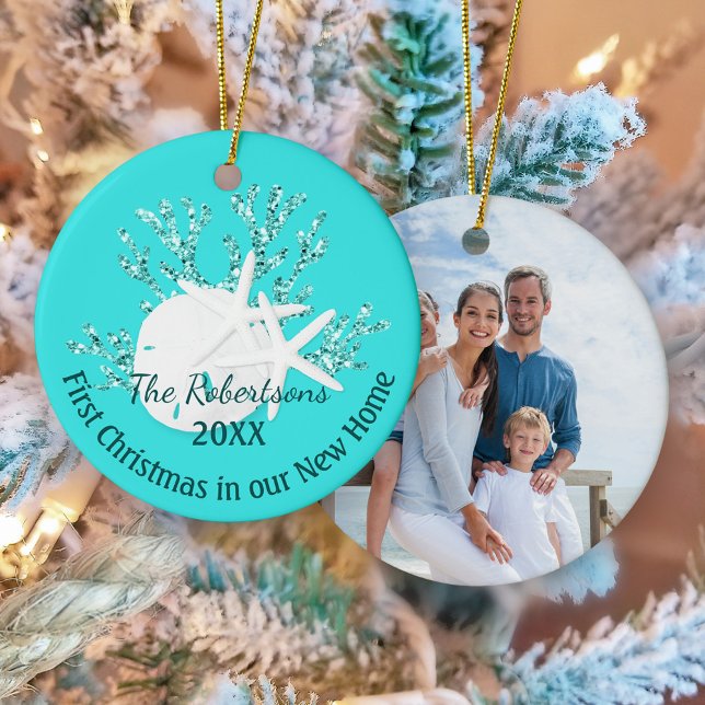 Coastal First Christmas New Zuhause Aqua Blue Foto Keramik Ornament (Von Creator hochgeladen)