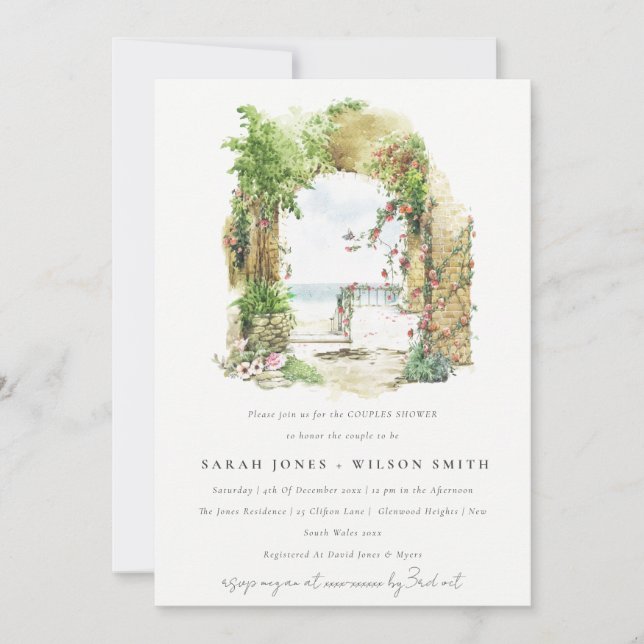 Coastal Floral Arch Beach Seascape Paare Dusche Einladung (Vorderseite)