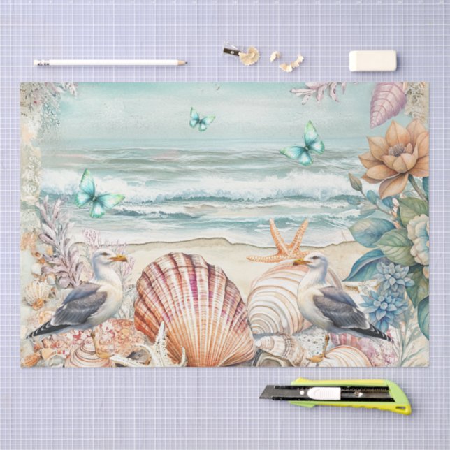 Coastal Floral Seagulls & Seashells Decoupage  Seidenpapier (Handwerk)