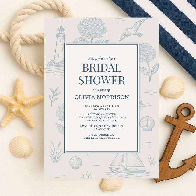 Coastal French Toile Blue Floral Bridal Shower Einladung (Von Creator hochgeladen)