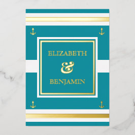 Coastal Gold Aquamarine Streifen Schöne Hochzeit Folieneinladung