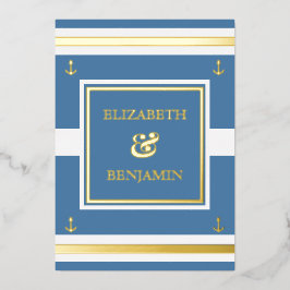Coastal Gold White Blue Stripes Schöne Hochzeit Folieneinladung