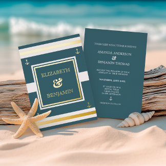 Coastal Gold White Blue Stripes Schöne Hochzeit Folieneinladung