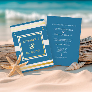 Coastal Gold White Blue Stripes Schöne Hochzeit Folieneinladung