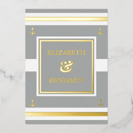 Coastal Gold White Gray Stripes Schöne Hochzeit Folieneinladung