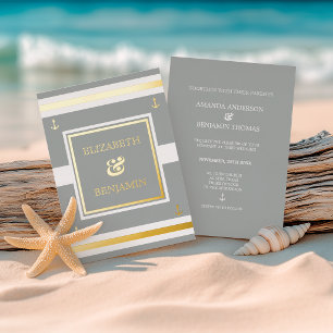 Coastal Gold White Gray Stripes Schöne Hochzeit Folieneinladung