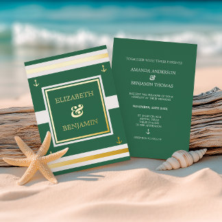 Coastal Gold White Green Stripes Schöne Hochzeit Folieneinladung