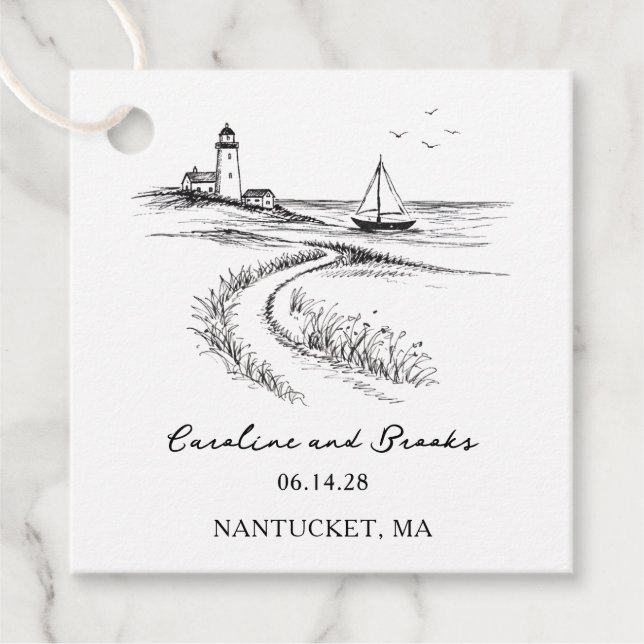 Coastal Hand Drawn Black & White Wedding Geschenkanhänger (Vorderseite)