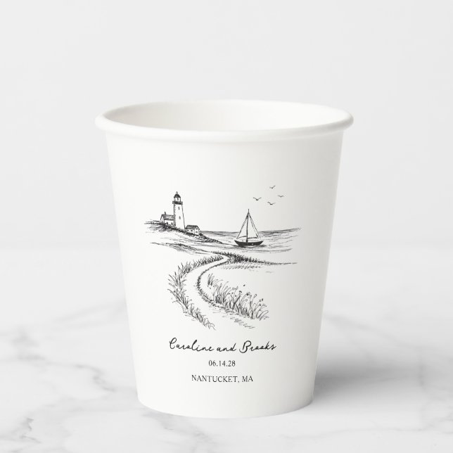 Coastal Hand Drawn Black & White Wedding Pappbecher (Vorderseite)