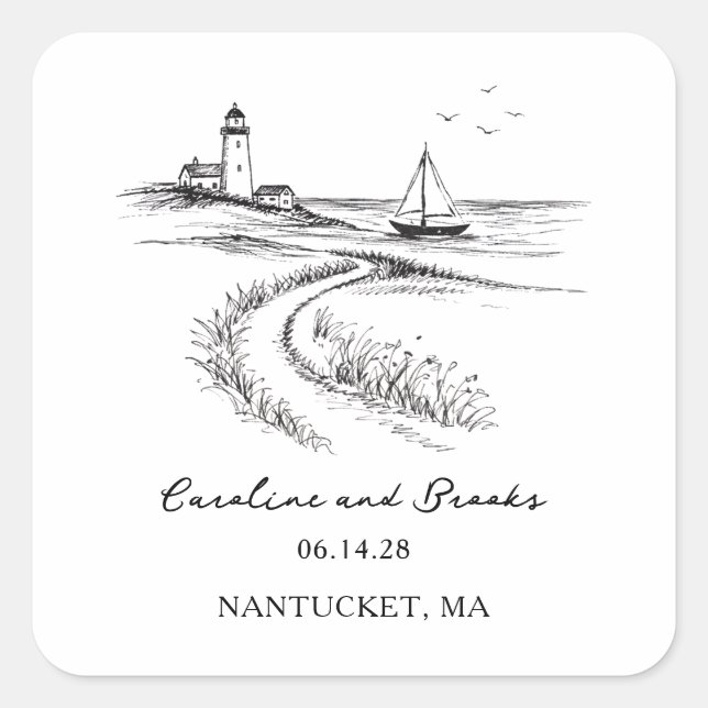 Coastal Hand Drawn Black & White Wedding Quadratischer Aufkleber (Vorderseite)