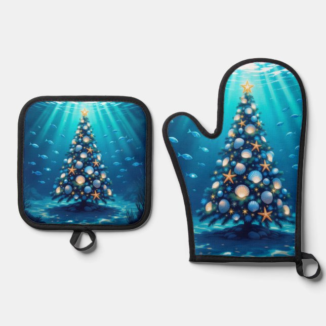 Coastal Holiday Oven Mitt and Pot Holders Ofenhandschuh & Topflappen-Set (Vorderseite)