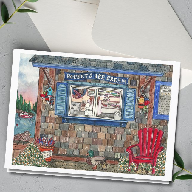 Coastal Ice Cream Shop Aquarellkarte Karte (Von Creator hochgeladen)