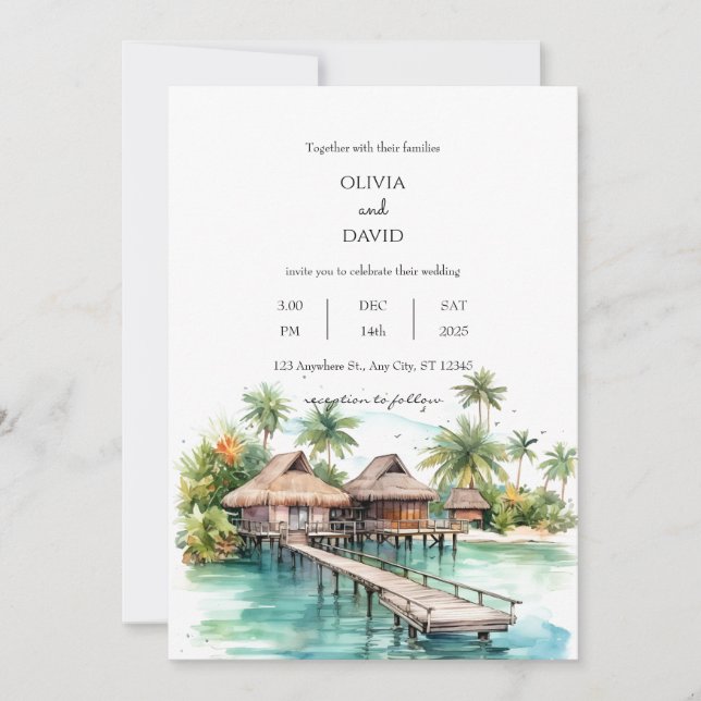 Coastal Island Overwater Bungalows Beach Wedding Einladung (Vorderseite)