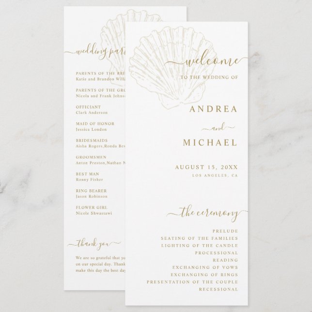 Coastal Ivory & Gold Hand Drawn Seashell Wedding Programm (Vorne/Hinten)