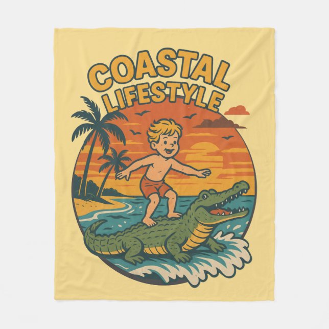 Coastal Lifestyle Gator Surfing - Retro Surf Beach Fleecedecke (Vorderseite)