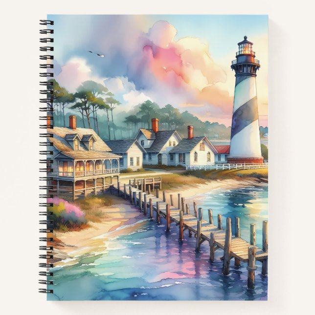 Coastal Lighthouse & Beach Hütten Szene Notizbuch (Vorderseite)