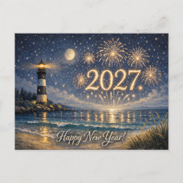 Coastal Lighthouse Fireworks Happy New Year 2027 Feiertagspostkarte