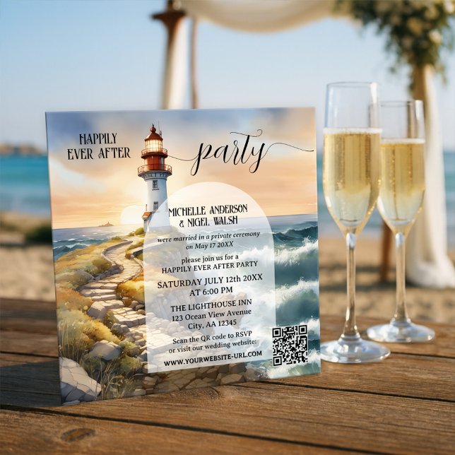 Coastal Lighthouse Happily Ever After Wedding Einladung (Watercolor happily ever after wedding invitation featuring a lighthouse at sunset - with QR code)