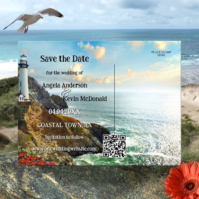 Coastal Lighthouse Nautical Save the Date Ankündigungspostkarte (Save the Date postcard featuring a painting of a coast with a lighthouse in vibrant colors)