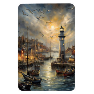 Coastal Lighthouse & Seaside Village Magnet