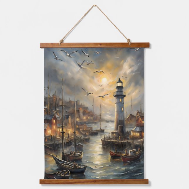Coastal Lighthouse & Seaside Village Wandteppich Mit Holzrahmen (Vorderseite)