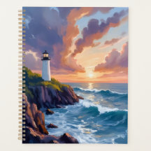 Coastal Lighthouse Sunset | Beach Ocean Painting