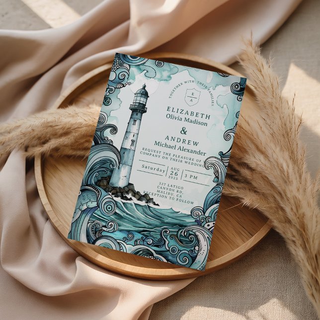 Coastal Lighthouse Wave Wedding Einladung (Von Creator hochgeladen)