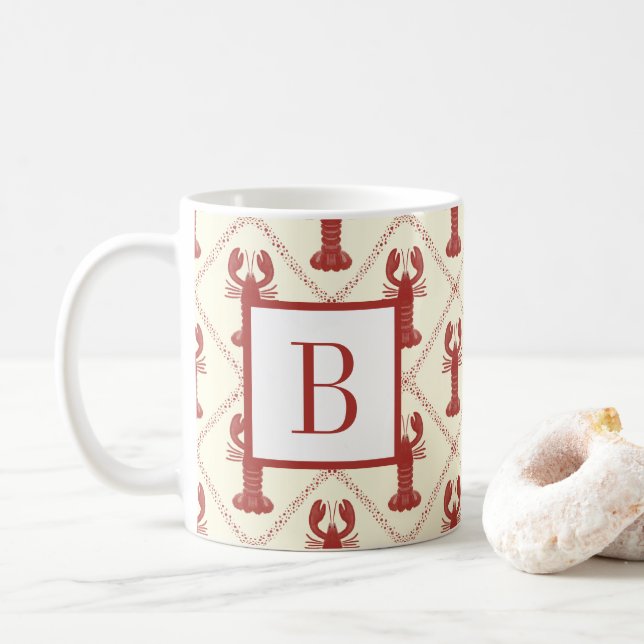 Coastal Lobster Red Cream Diamond Initial Monogram Kaffeetasse (Mit Donut)