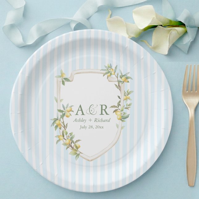 Coastal Mediterranean Lemon Crest Wedding Pappteller (elegant mediterranean lemon monogram crest coastal pale blue white stripe wedding paper plates)