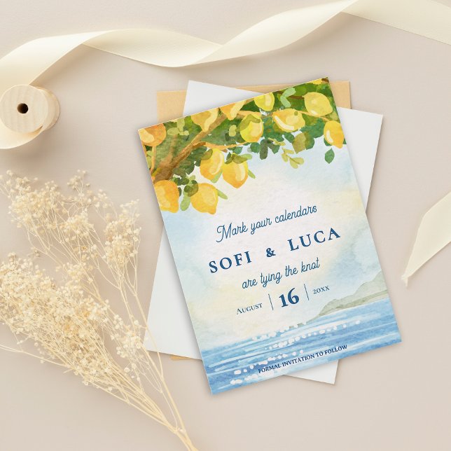 Coastal Mediterranean Lemon Grove Wedding Einladung (Mediterranean Lemon Grove Watercolor Save the Date | Coastal Destination Wedding Invitation)