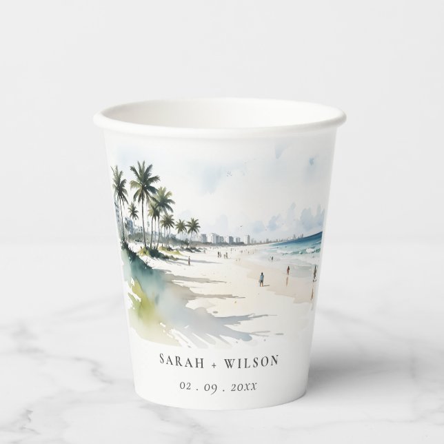 Coastal Miami Beach Palm Tree Wasserfarbenhochzeit Pappbecher (Vorderseite)