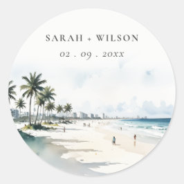Coastal Miami Beach Palm Tree Wasserfarbenhochzeit Runder Aufkleber