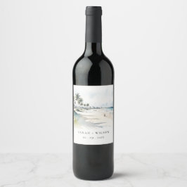 Coastal Miami Beach Palm Tree Wasserfarbenhochzeit Weinetikett