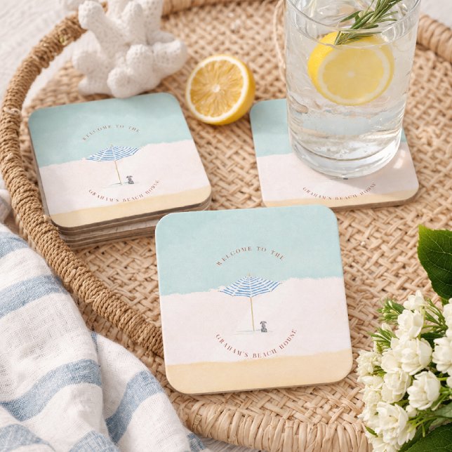 Coastal Monogram Beach Umbrella Paper Coasters Rechteckiger Pappuntersetzer (Von Creator hochgeladen)