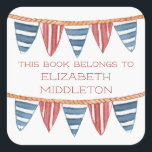 Coastal Nautical Beach Flags Bookplate Quadratischer Aufkleber<br><div class="desc">These bookplate labels feature a vintage nautical flag banner in soft watercolor shades of red,  white and blue.  Personalize the with your choice of name and .special text.</div>