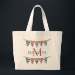 Coastal Nautical Beach Flags Monogram Jumbo Stoffbeutel<br><div class="desc">This monogrammed canvas tote bag features nautical flag banners in soft watercolor shades of red,  white and blue.  Personalize the monogram on the front with your choice of name and initial and the back with your choice of special text.  Fun for personalized party favors and gift bags.</div>