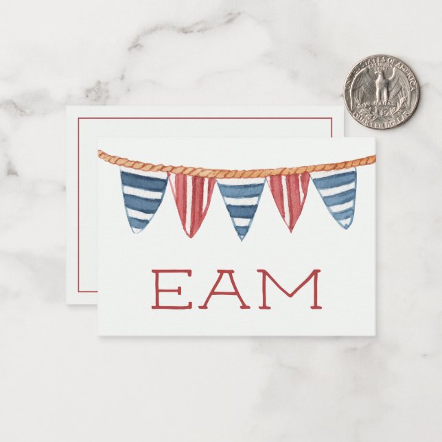 Coastal Nautical Beach Flags Monogram Mitteilungskarte (Vorderseite/Rückseite Beispiel)