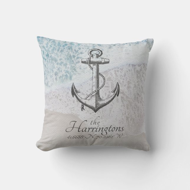 Coastal Nautical Beach House Ocean Spray Name Kissen (Vorderseite)