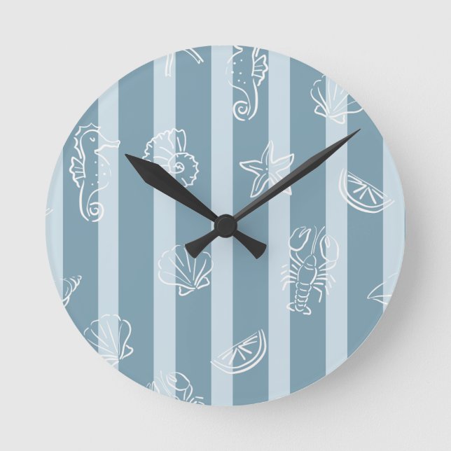 Coastal Nautical Pattern | Blue Sea Shell & Seahor Runde Wanduhr (Vorderseite)