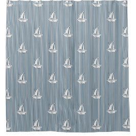Coastal Nautical Sailboats on Blue Stripes Duschvorhang
