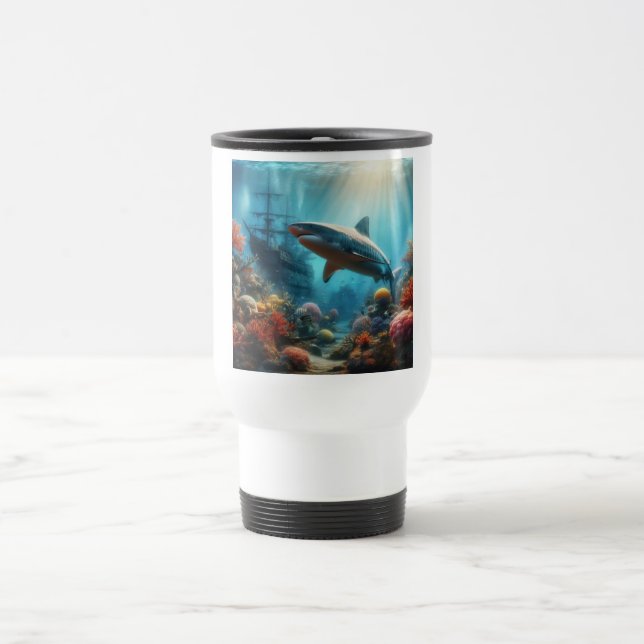 Coastal/nautical tiger shark & coral reef reisebecher (Mittel)