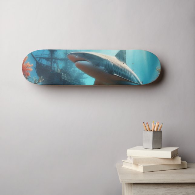 Coastal/nautical tiger shark & coral reef skateboard (Wandkunst (Horz))