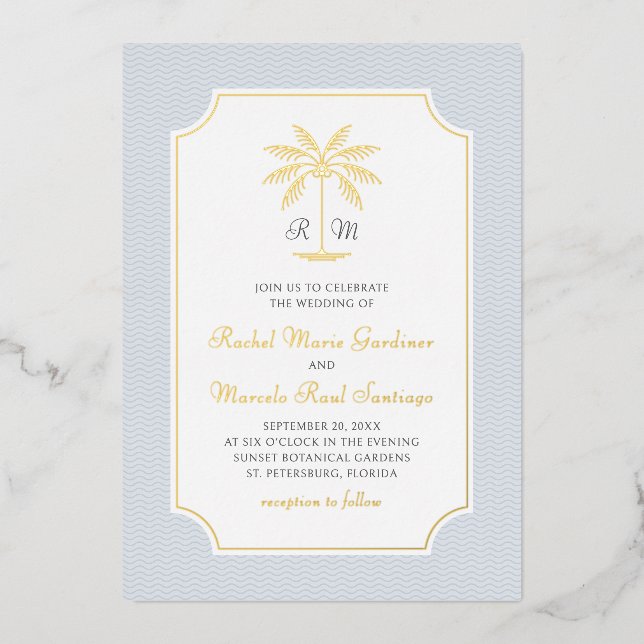 Coastal Palm Tree Minimalist Preppy Wedding Folieneinladung (Vorderseite)