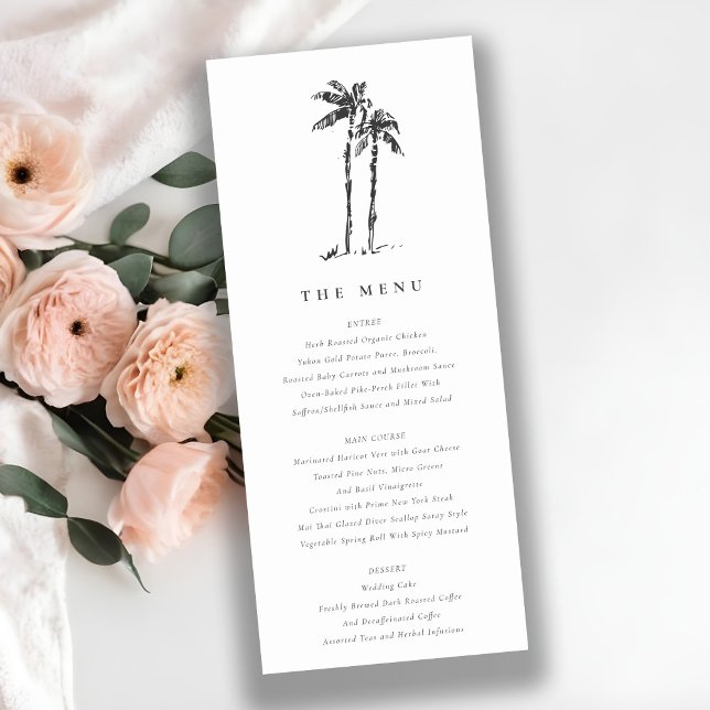 Coastal Palm Tree Sketch Wedding Menu Card Einladung (Von Creator hochgeladen)