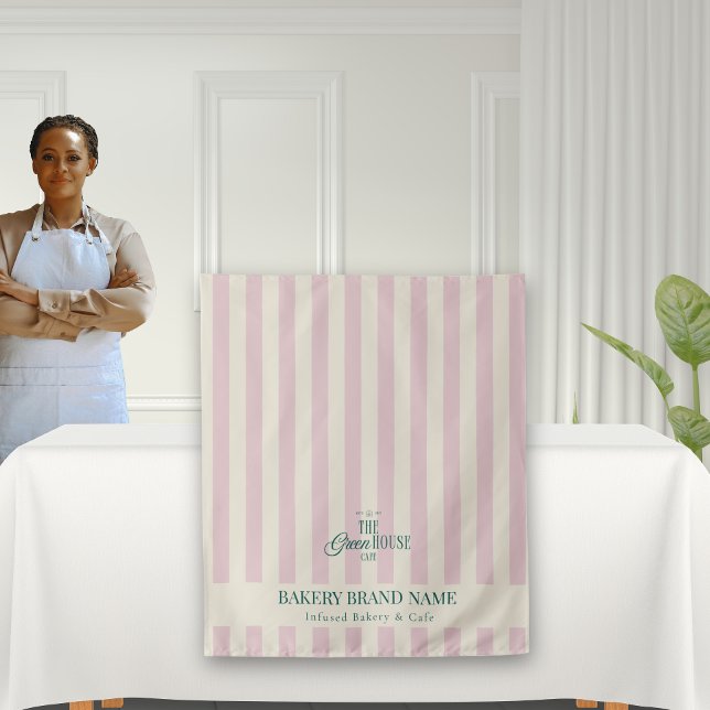 Coastal Pink Stripes Bakery Logo Table Runner Wandteppich (Von Creator hochgeladen)