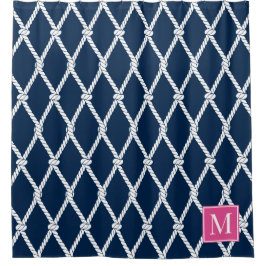 Coastal Preppy Nautical Monogram - Navy & Hot Pink Duschvorhang
