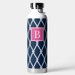 Coastal Preppy Nautical Monogram - Navy & Hot Pink Trinkflasche