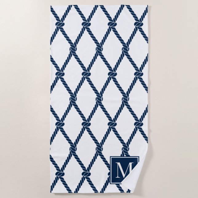 Coastal Preppy Nautical Monogram – White & Navy Strandtuch (Vorderseite)