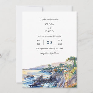 Coastal Rocky Cove Golden Sunset Beach Hochzeit Einladung